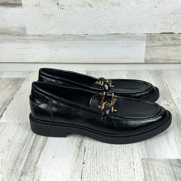 Steve Madden Women’s 11 Black Leather Karmine Gold Buckle Chunky Loafers NEW - Picture 6 of 9